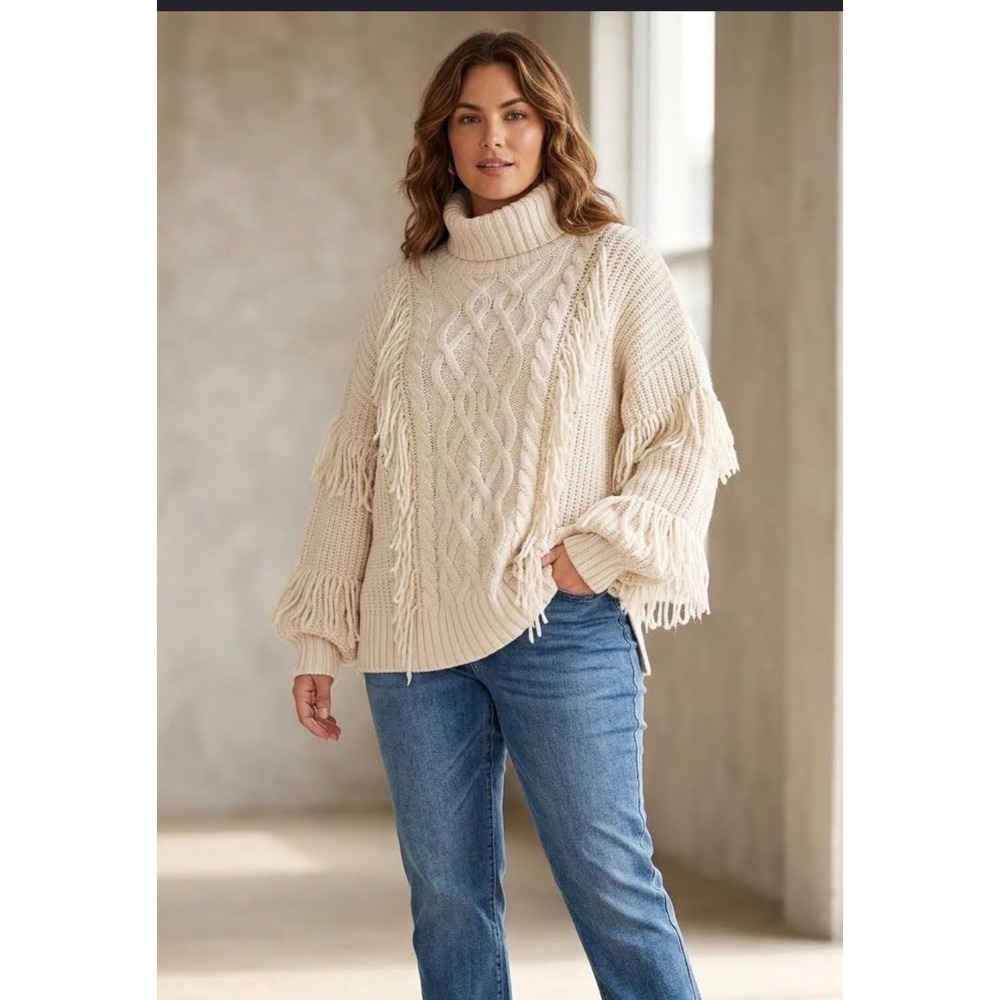 River Island Cream Cable Knit Fringe Turtleneck Sweater Oversized Boho L Large